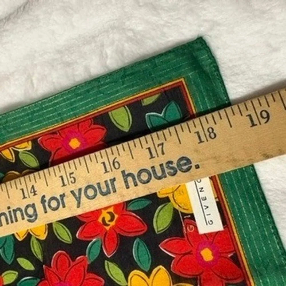 Vtg GIVENCHY Scarf Handkerchief Floral Black Green Red Yellow 18.5